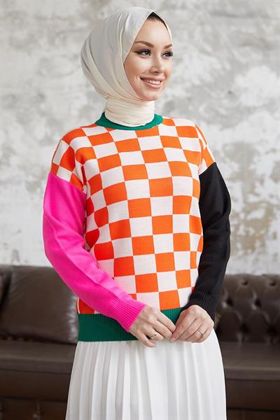 Monsa Kare Ekose Desen Triko Kazak - Oranj