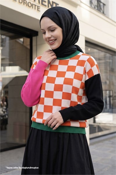 Monsa Square Checkered Knit Sweater in Orange