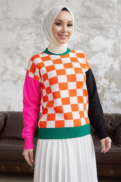 Monsa Kare Ekose Desen Triko Kazak - Oranj