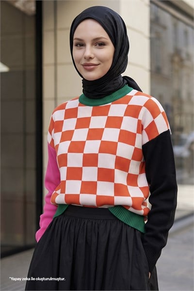 Monsa Square Checkered Knit Sweater in Orange