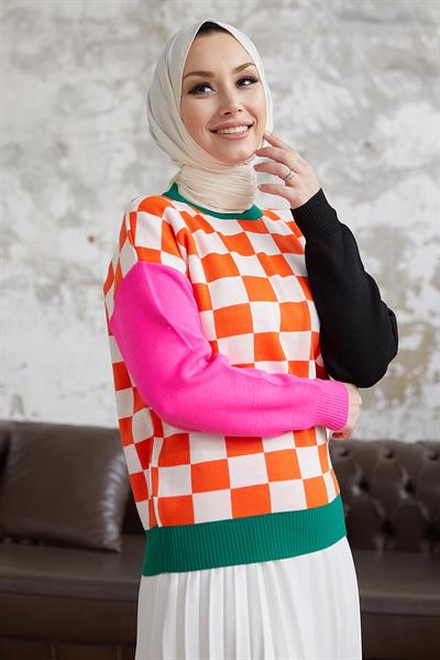 Monsa Kare Ekose Desen Triko Kazak - Oranj