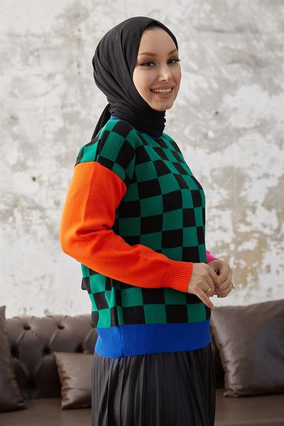 Monsa Kare Ekose Desen Triko Kazak - Yeşil