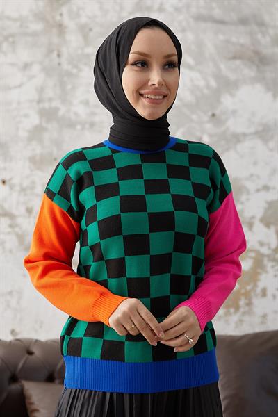 Monsa Kare Ekose Desen Triko Kazak - Yeşil