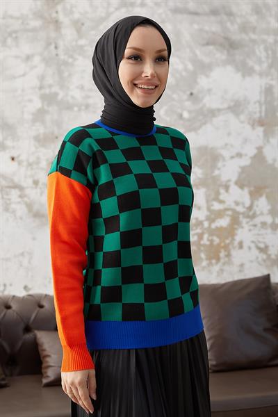 Monsa Kare Ekose Desen Triko Kazak - Yeşil