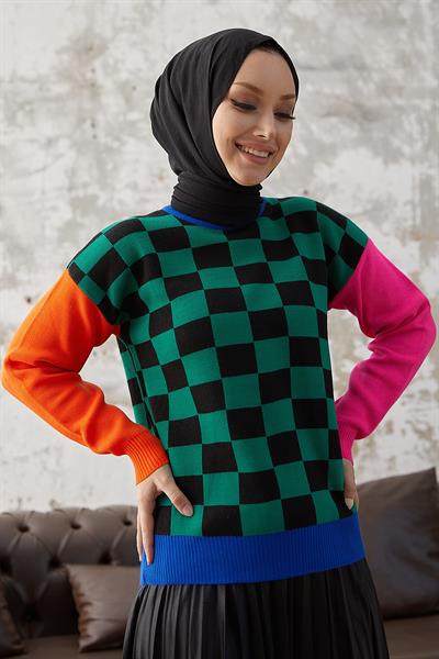 Monsa Kare Ekose Desen Triko Kazak - Yeşil