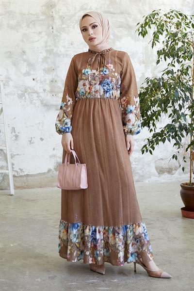 More Çiçekli Jakarlı Yoryo Şifon Elbise- Taba