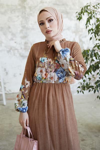 More Çiçekli Jakarlı Yoryo Şifon Elbise- Taba