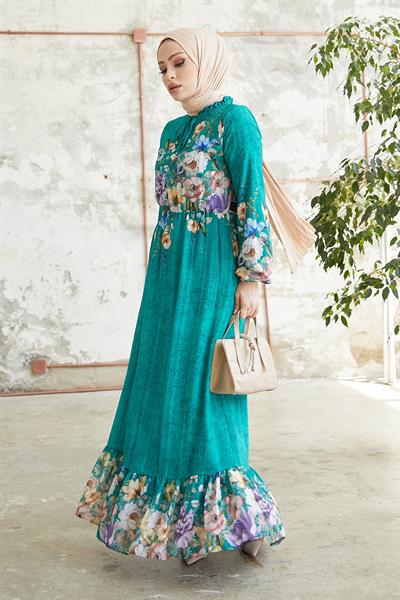 More Çiçekli Jakarlı Yoryo Şifon Elbise - Su Yeşili