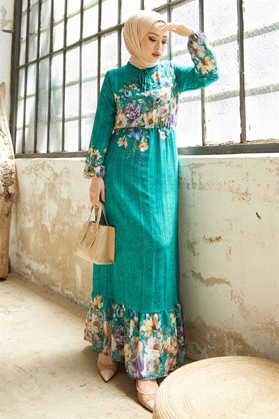 More Çiçekli Jakarlı Yoryo Şifon Elbise - Su Yeşili
