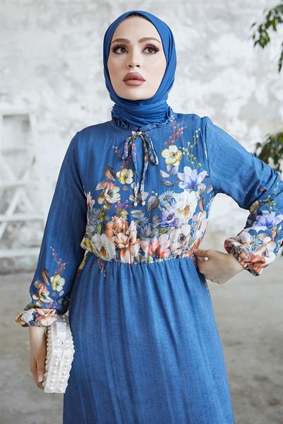 More Çiçekli Jakarlı Yoryo Şifon Elbise - İndigo