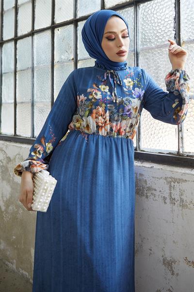 More Çiçekli Jakarlı Yoryo Şifon Elbise - İndigo