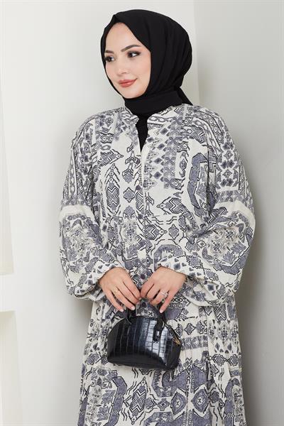 Mozaik Desen Gri Viskon Elbise