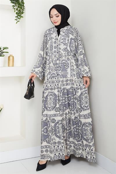 Mozaik Desen Gri Viskon Elbise