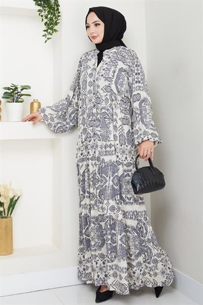 Mozaik Desen Gri Viskon Elbise