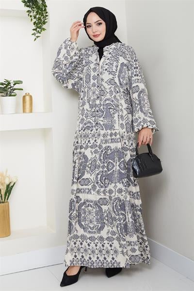 Mozaik Desen Gri Viskon Elbise