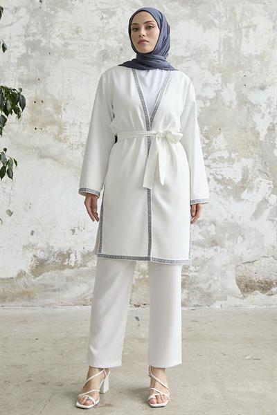 Nakış Desenli Kimono Beyaz Takım