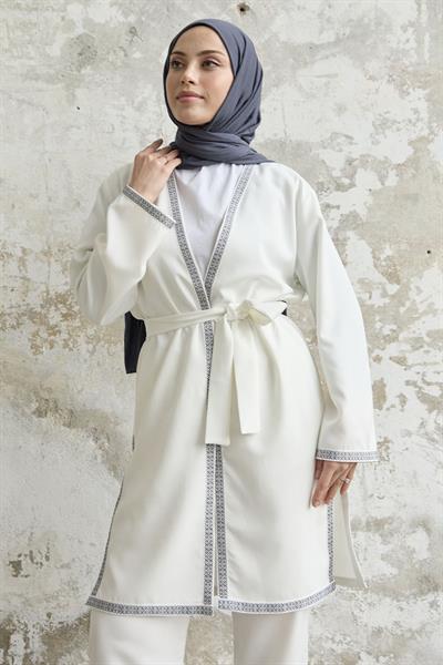 Nakış Desenli Kimono Beyaz Takım