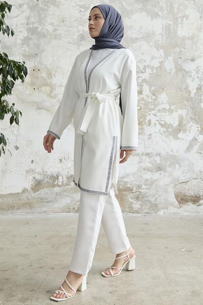 Nakış Desenli Kimono Beyaz Takım