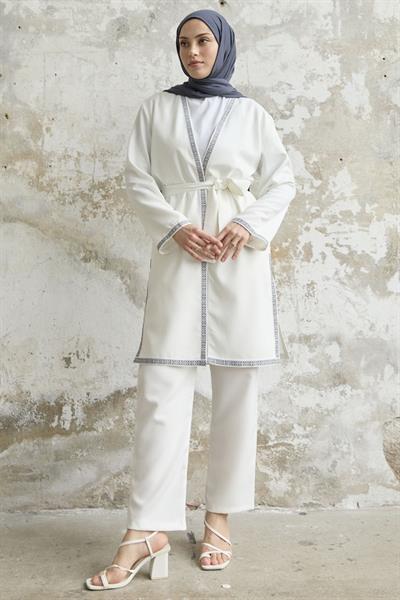 Nakış Desenli Kimono Beyaz Takım