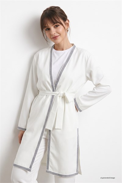 Embroidered Patterned Kimono White Suit