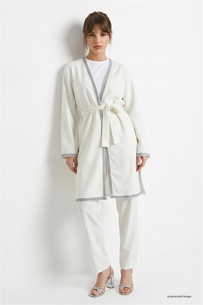 Embroidered Patterned Kimono White Suit