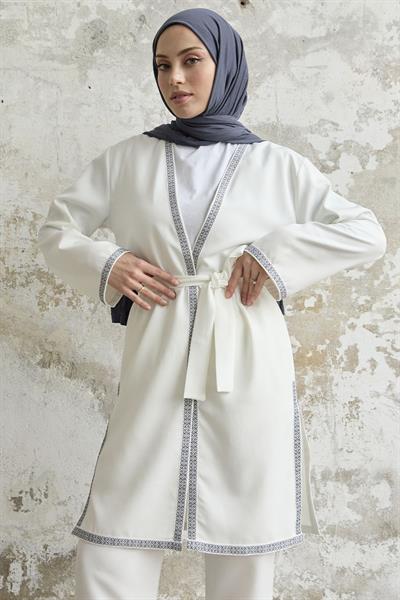 Nakış Desenli Kimono Beyaz Takım