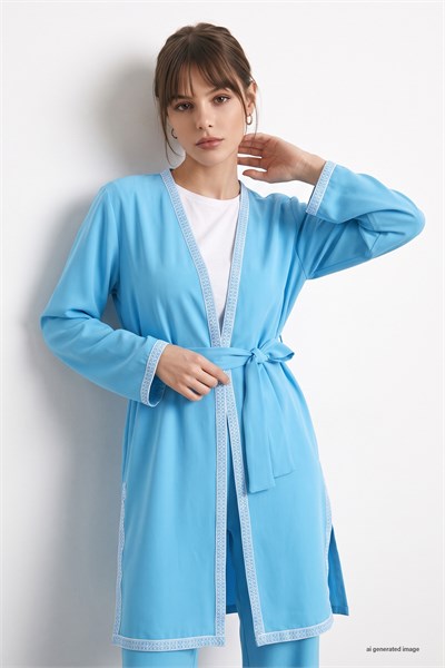 Embroidered Patterned Kimono Blue Suit