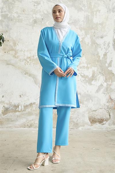 Nakış Desenli Kimono Mavi Takım