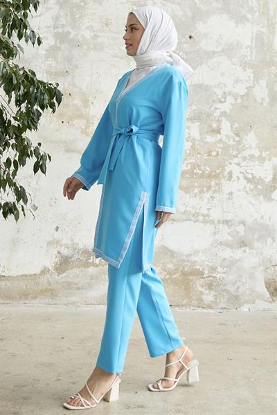 Nakış Desenli Kimono Mavi Takım