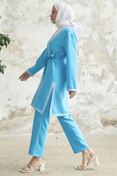 Nakış Desenli Kimono Mavi Takım