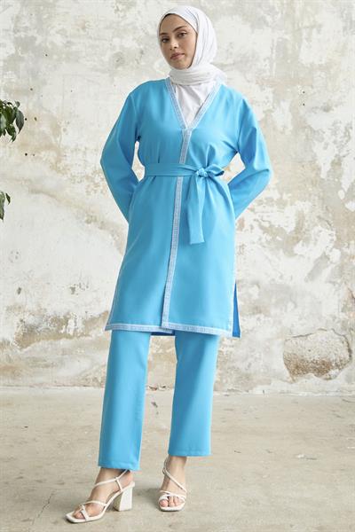 Nakış Desenli Kimono Mavi Takım