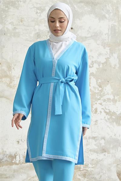 Nakış Desenli Kimono Mavi Takım