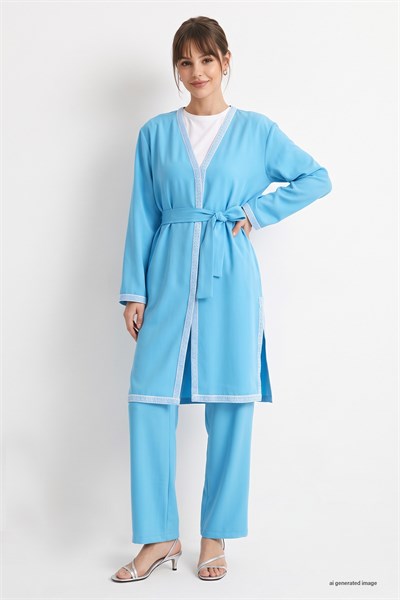 Embroidered Patterned Kimono Blue Suit
