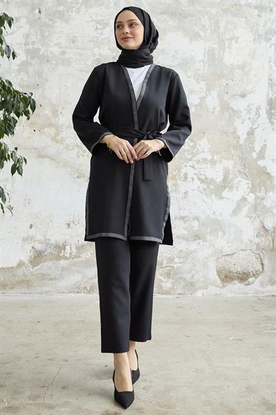 Nakış Desenli Kimono Siyah Takım