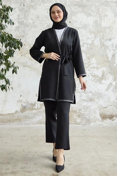 Nakış Desenli Kimono Siyah Takım