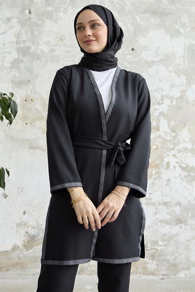 Nakış Desenli Kimono Siyah Takım