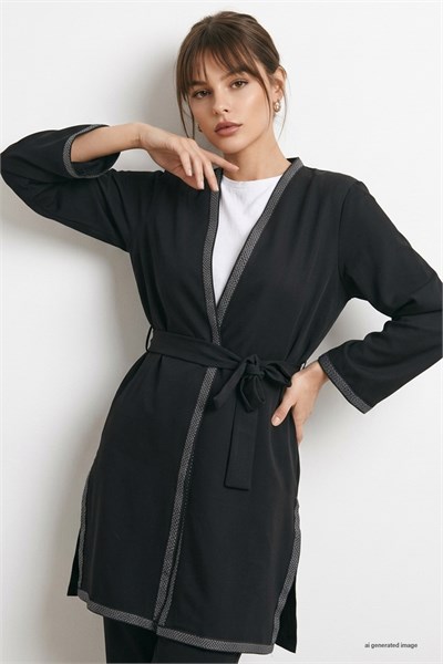 Embroidered Patterned Kimono Black Suit
