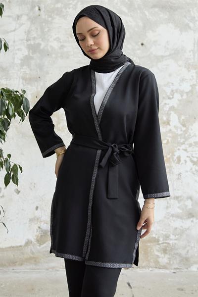 Nakış Desenli Kimono Siyah Takım