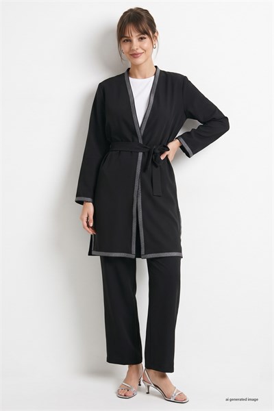 Embroidered Patterned Kimono Black Suit