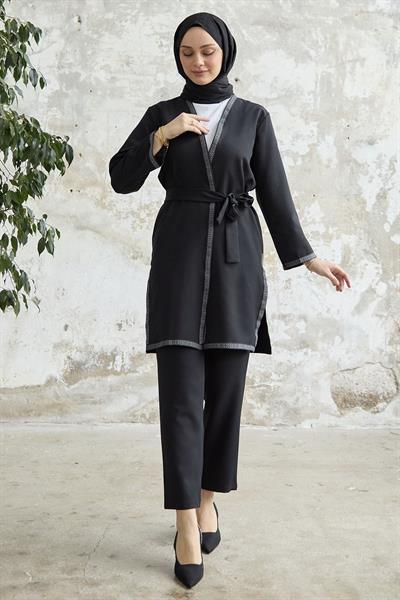 Nakış Desenli Kimono Siyah Takım