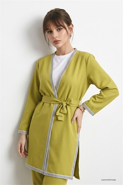 Embroidered Patterned Kimono Oil Green Suit