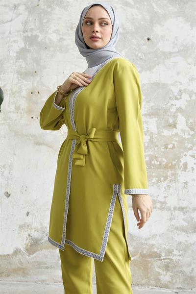 Nakış Desenli Kimono Yağ Yeşili Takım