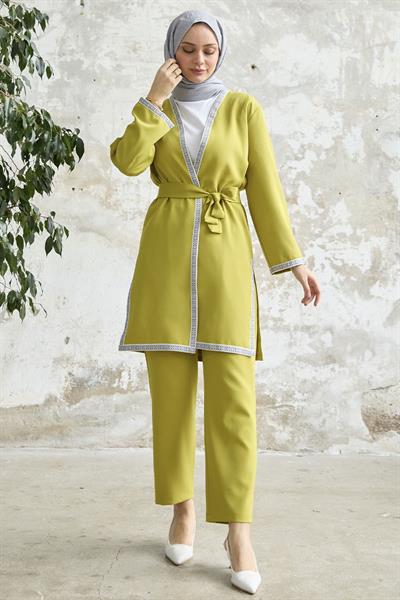Nakış Desenli Kimono Yağ Yeşili Takım