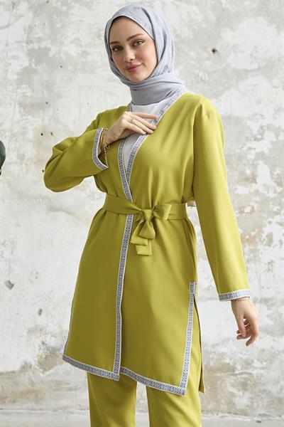 Nakış Desenli Kimono Yağ Yeşili Takım