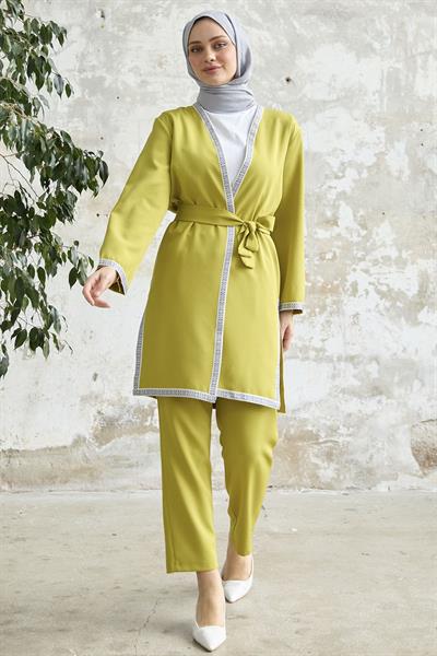 Nakış Desenli Kimono Yağ Yeşili Takım