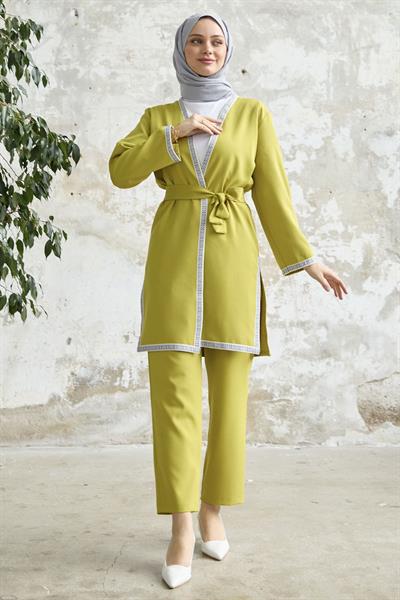 Nakış Desenli Kimono Yağ Yeşili Takım