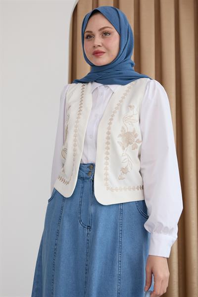 Nakış Yelekli Kot Etekli Bej Üçlü Takım