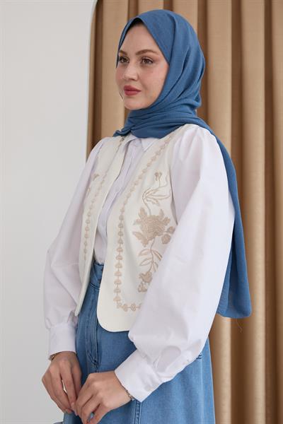 Nakış Yelekli Kot Etekli Bej Üçlü Takım