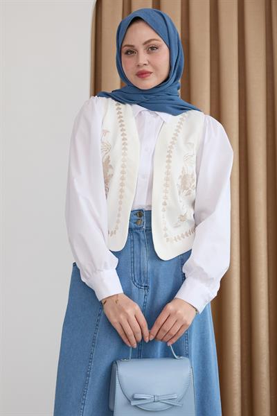 Nakış Yelekli Kot Etekli Bej Üçlü Takım