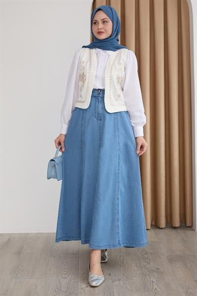 Nakış Yelekli Kot Etekli Bej Üçlü Takım